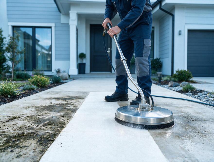 Rotary surface cleaner washing concrete walkway
