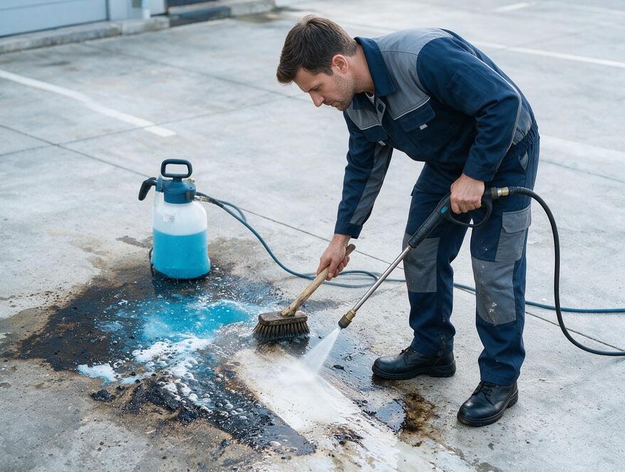 Removing motor oil stains from residential parking pad
