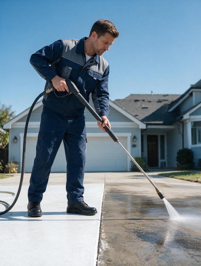 Technician pressure washing concrete driveway in San Jose CA