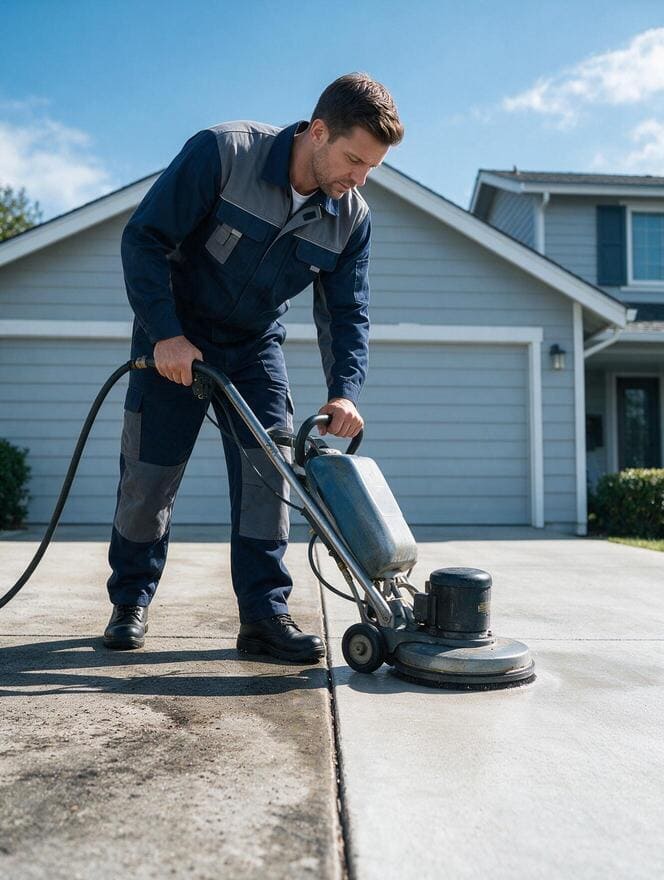 Technician pressure washing and sealing concrete driveway in San Jose CA