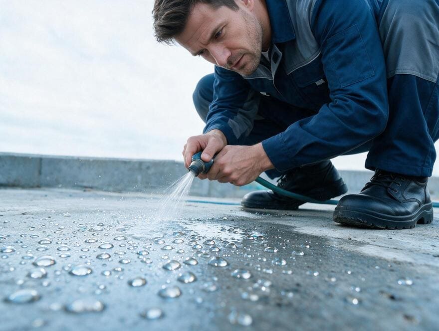 Water beading effect on waterproofed concrete slab