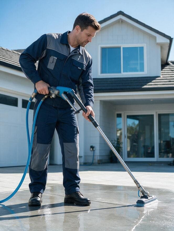 Technician applying penetrating concrete sealer to a clean driveway in San Jose CA