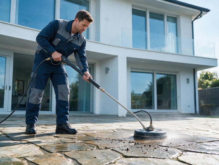 Natural flagstone patio pressure washing in San Jose