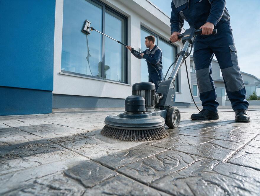 Stamped concrete patio surface cleaning