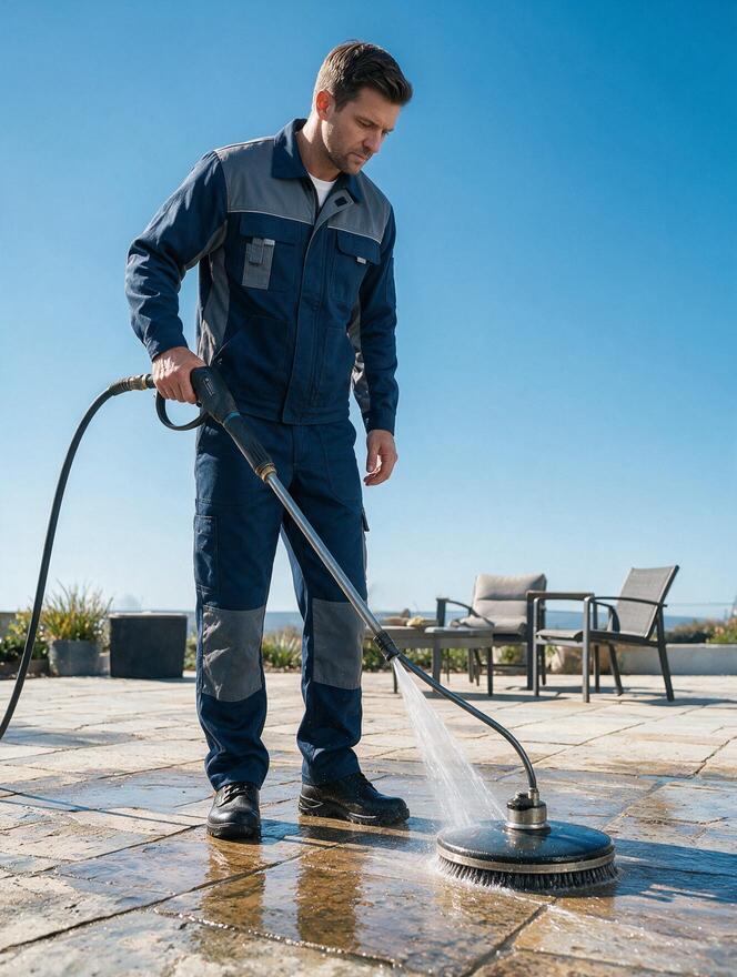 Technician pressure washing natural stone outdoor patio in San Jose CA