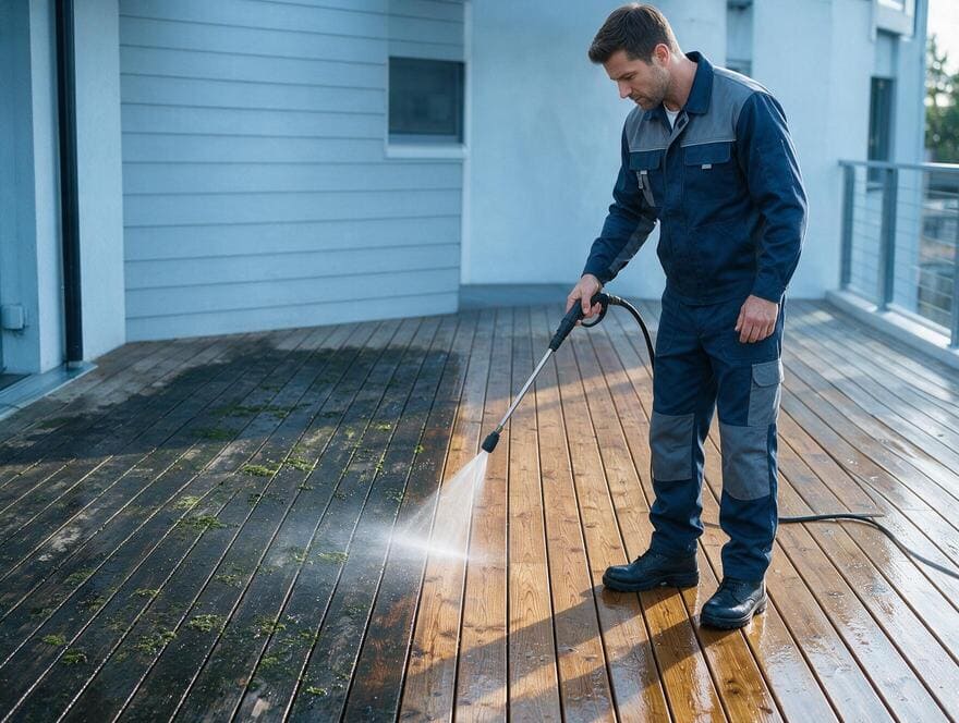 Wooden deck washing before and after comparison in San Jose