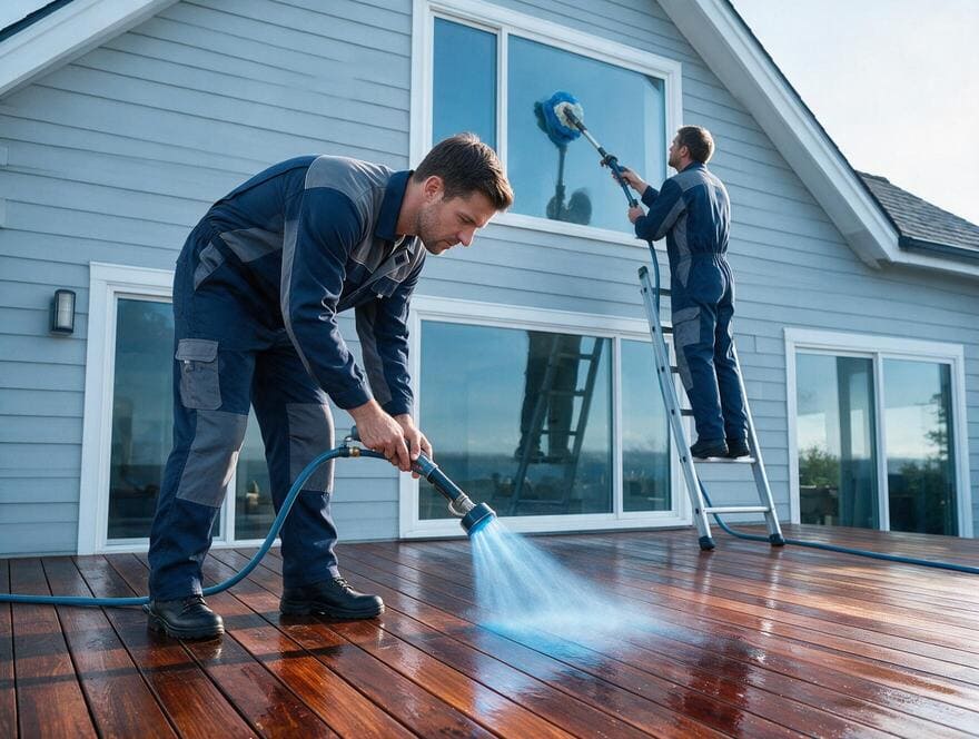 Redwood deck cleaning and wood brightener application