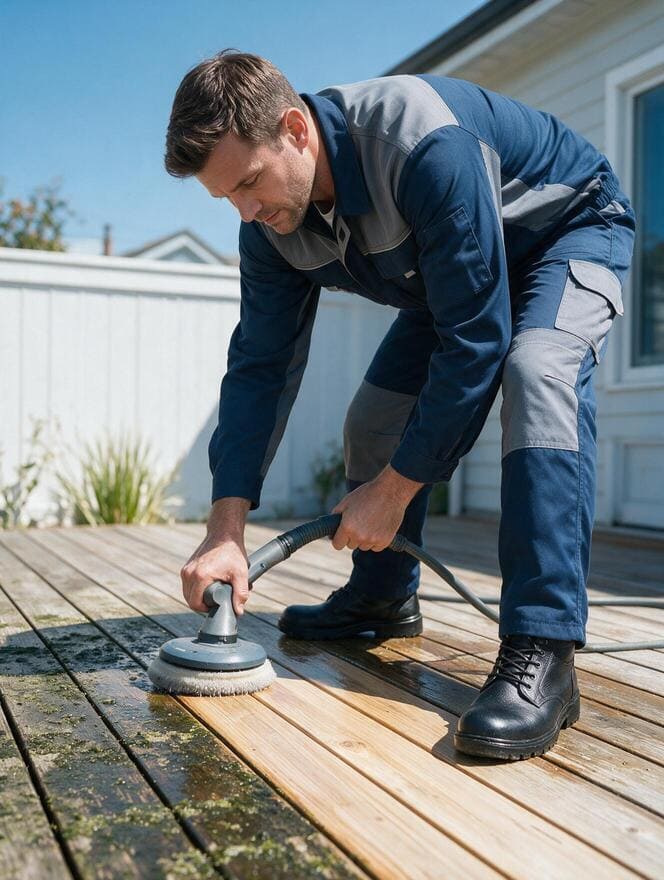 Technician performing pressure washing on a wooden deck in San Jose CA