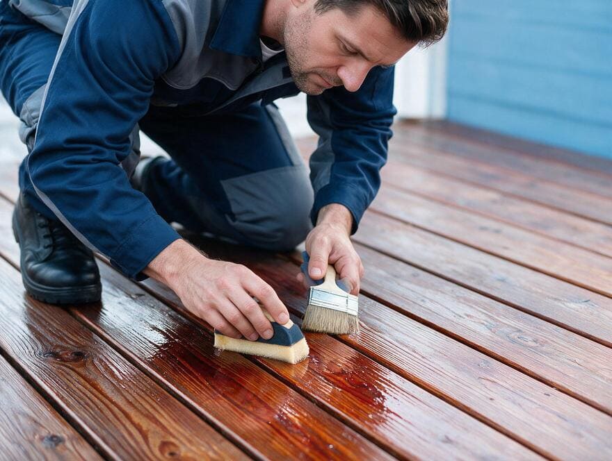 Waterproofing clear coat application on redwood deck in San Jose