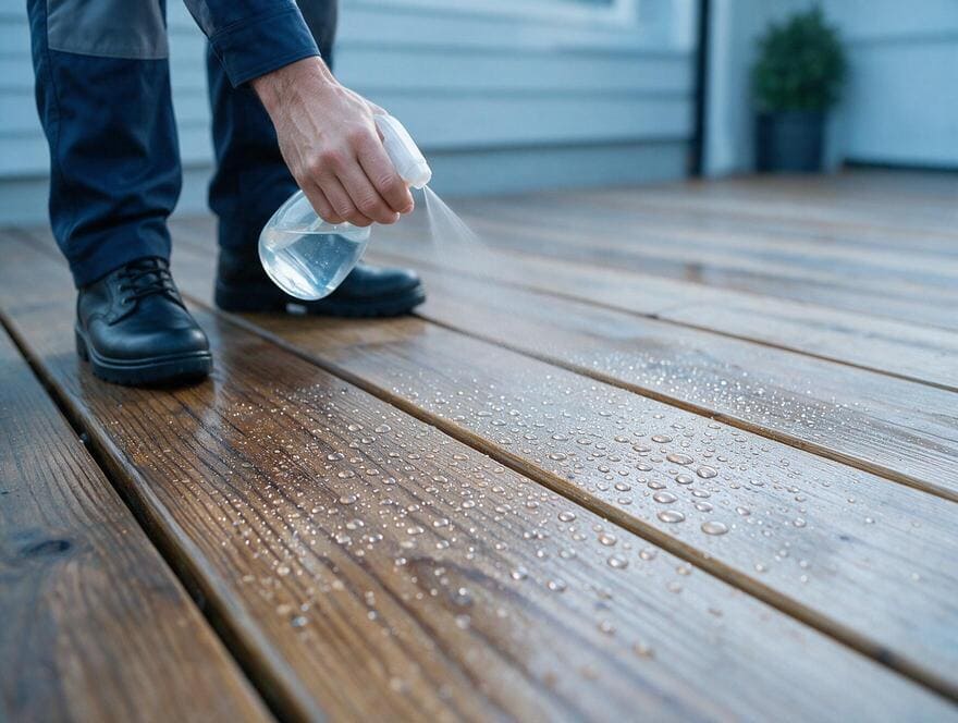 Rainwater beading effect on sealed wooden deck boards