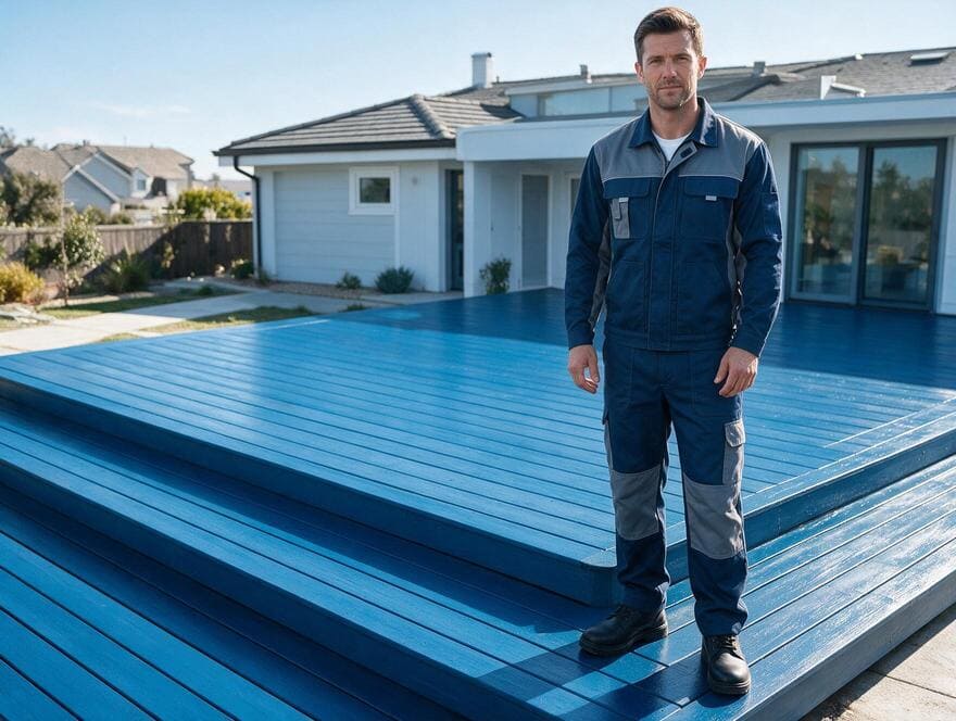 Backyard wooden patio deck after professional sealing