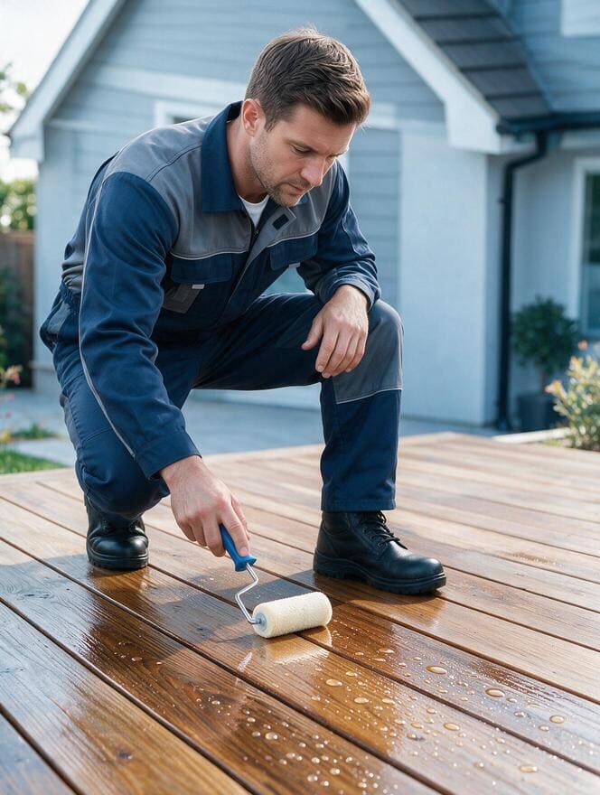Technician applying protective clear varnish sealant to wooden deck in San Jose CA