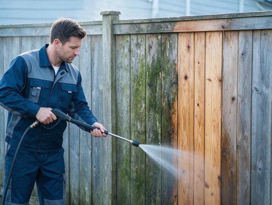 Wooden fence washing before and after comparison in San Jose