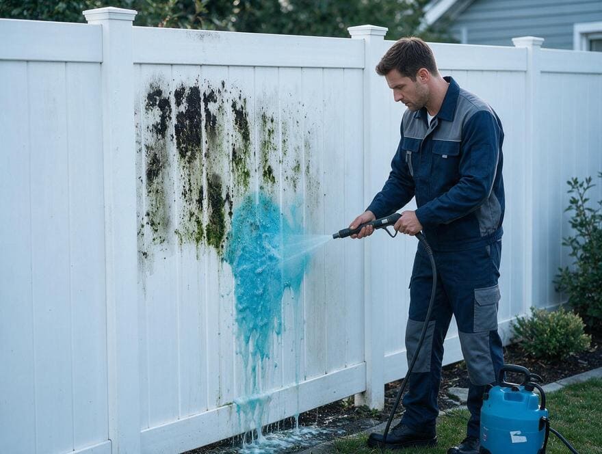 Vinyl fence soft washing removing green algae