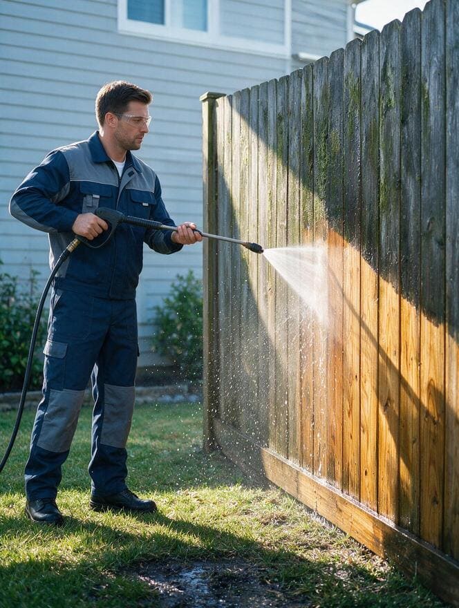 Technician performing pressure washing on a wooden fence in San Jose CA