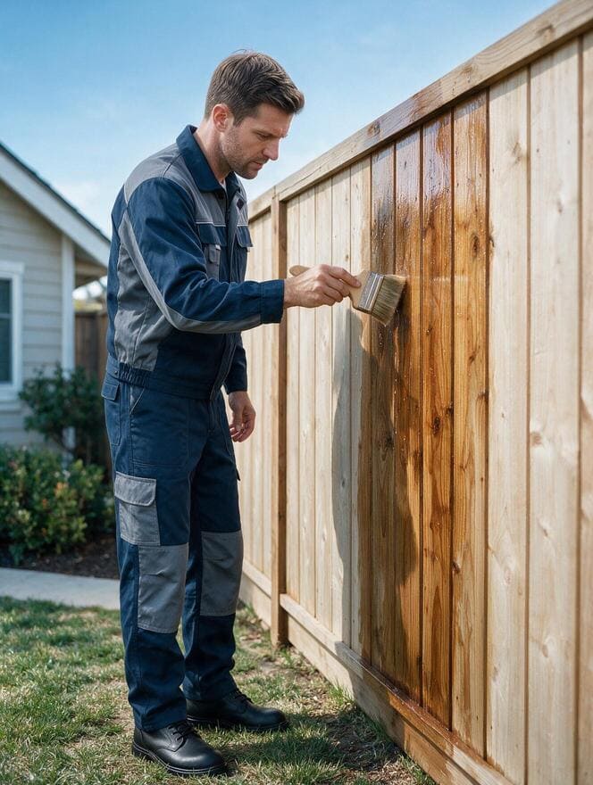 Technician applying protective sealant to wooden fence in San Jose CA