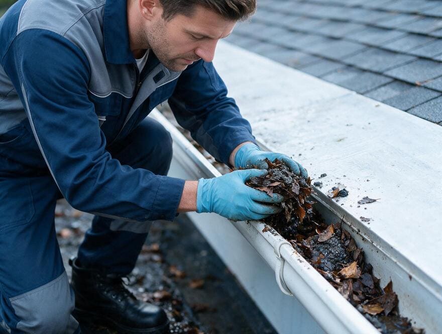 Clearing leaf debris from aluminum gutter in San Jose
