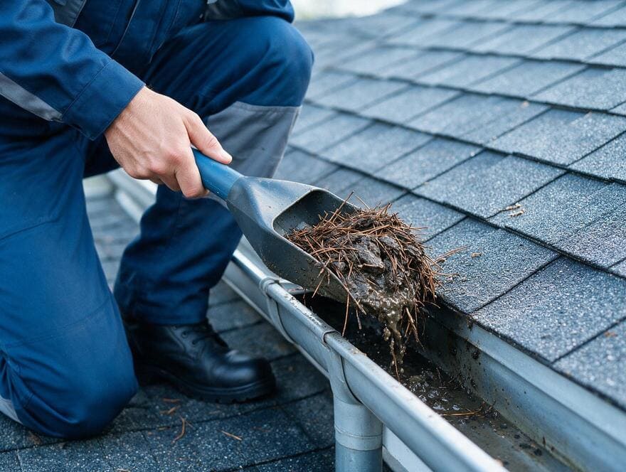 Removing pine needles and mud sludge from roof edge