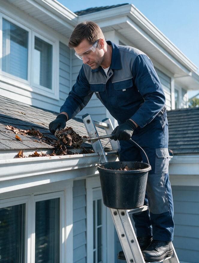 Technician performing gutter cleaning and debris removal in San Jose CA