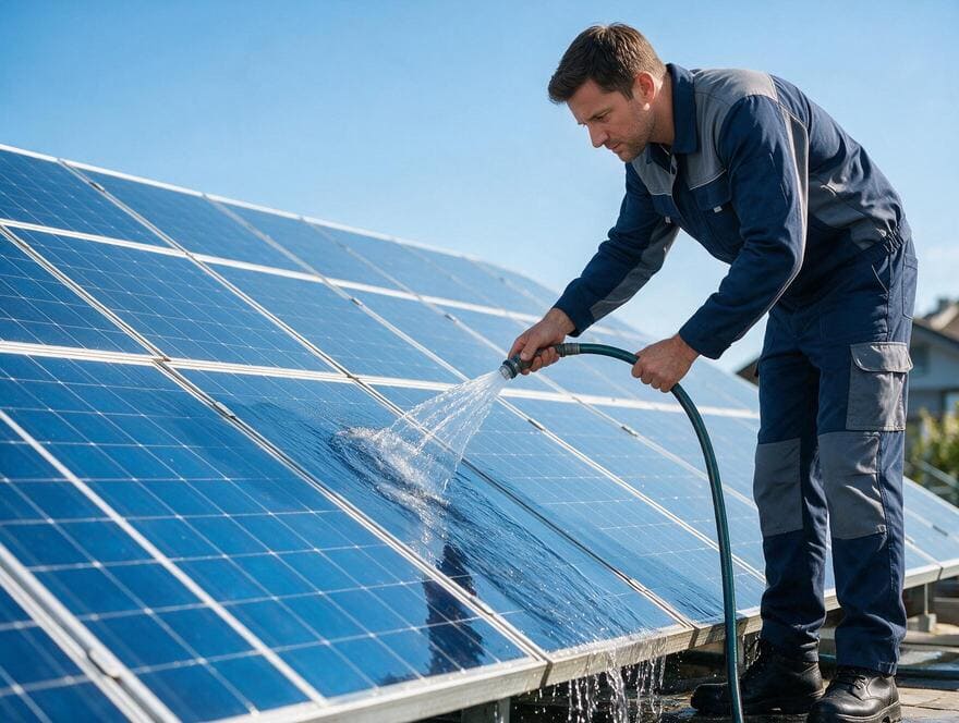 Deionized water rinse on residential solar panels