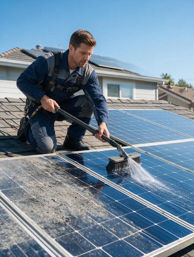 Technician cleaning solar panels on roof in San Jose CA