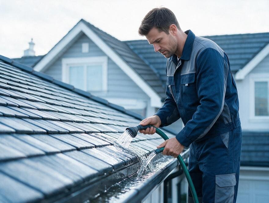 Roof gutter drain testing with water hose