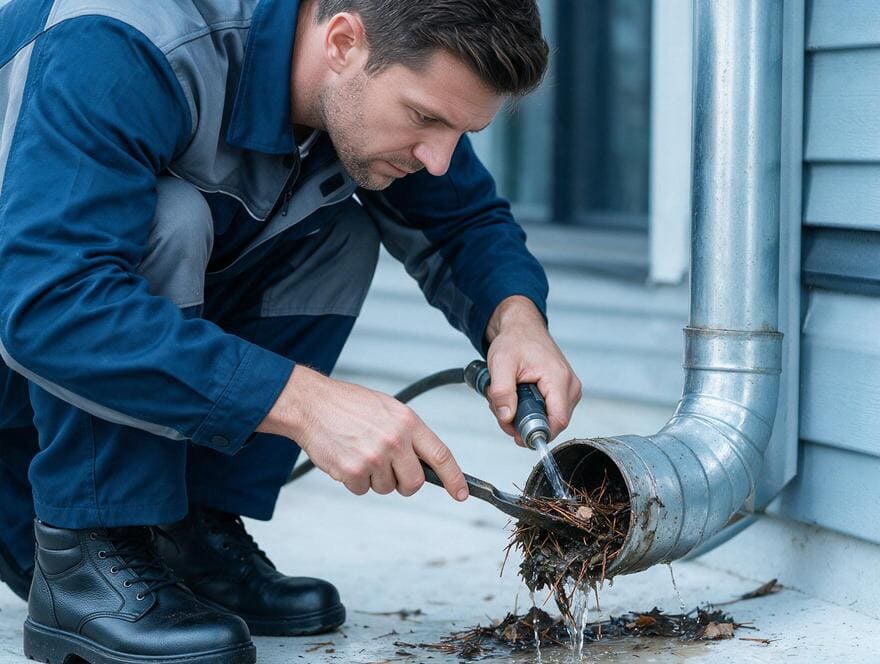Clearing clogged downspout elbow leaves