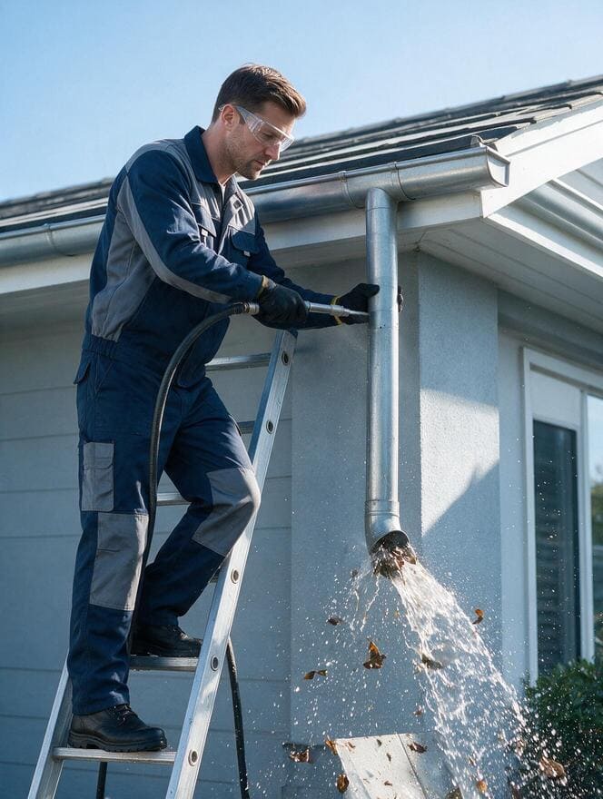 Technician performing downspout flushing and drainage testing in San Jose CA