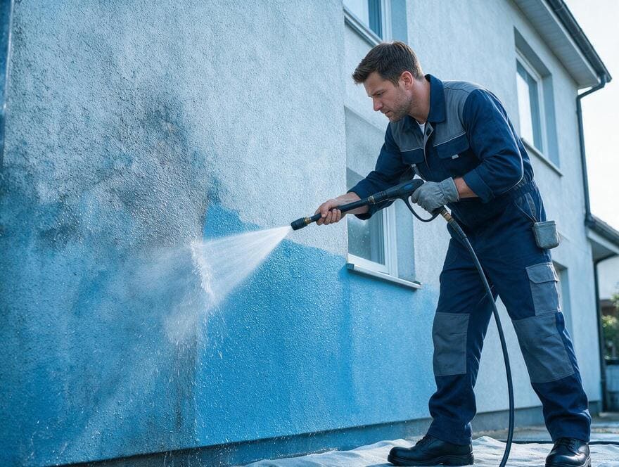 Stucco wall pressure washing prep before repainting in San Jose