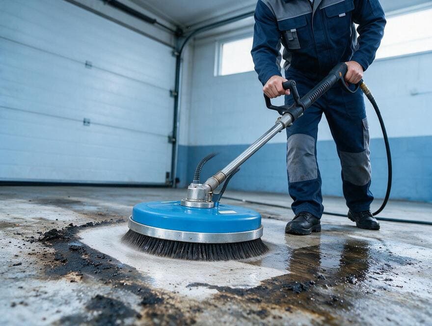 Concrete driveway degreasing for floor stain preparation