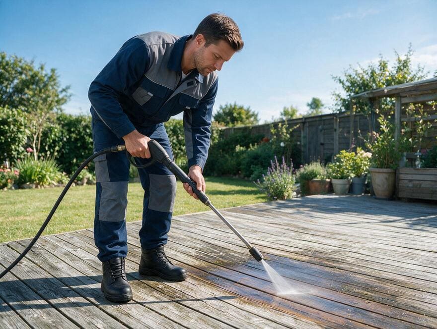Wooden deck washing prep before applying fresh stain