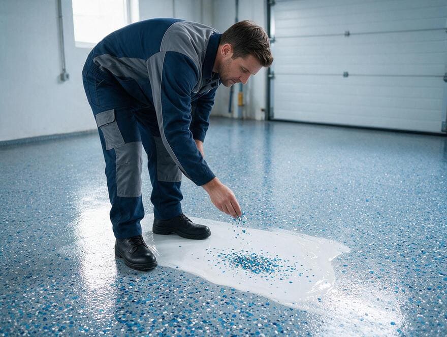 Decorative vinyl flake epoxy floor coating in San Jose