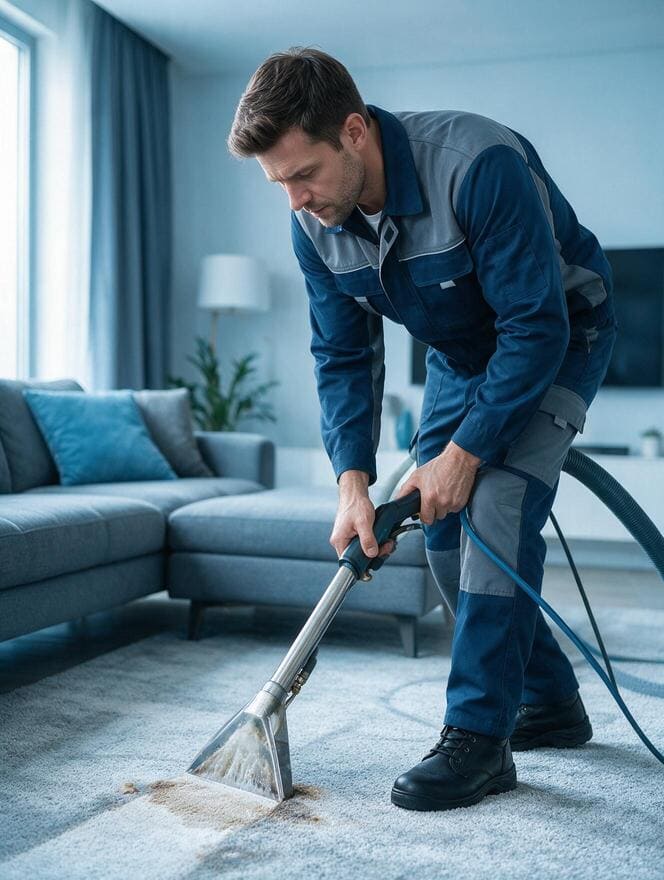 Specialized pet stain and odor removal treatment on living room carpet in San Jose