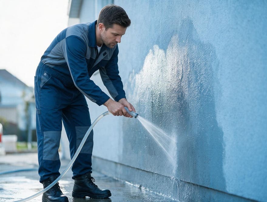Stucco wall pressure washing prep before repainting in San Jose