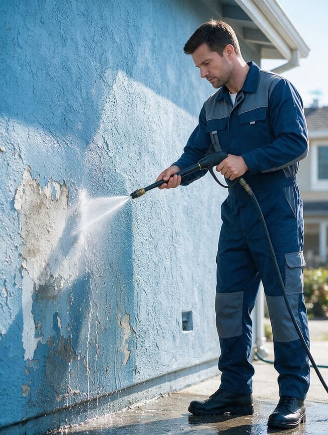 Technician preparing stucco wall with pressure washing before painting in San Jose CA