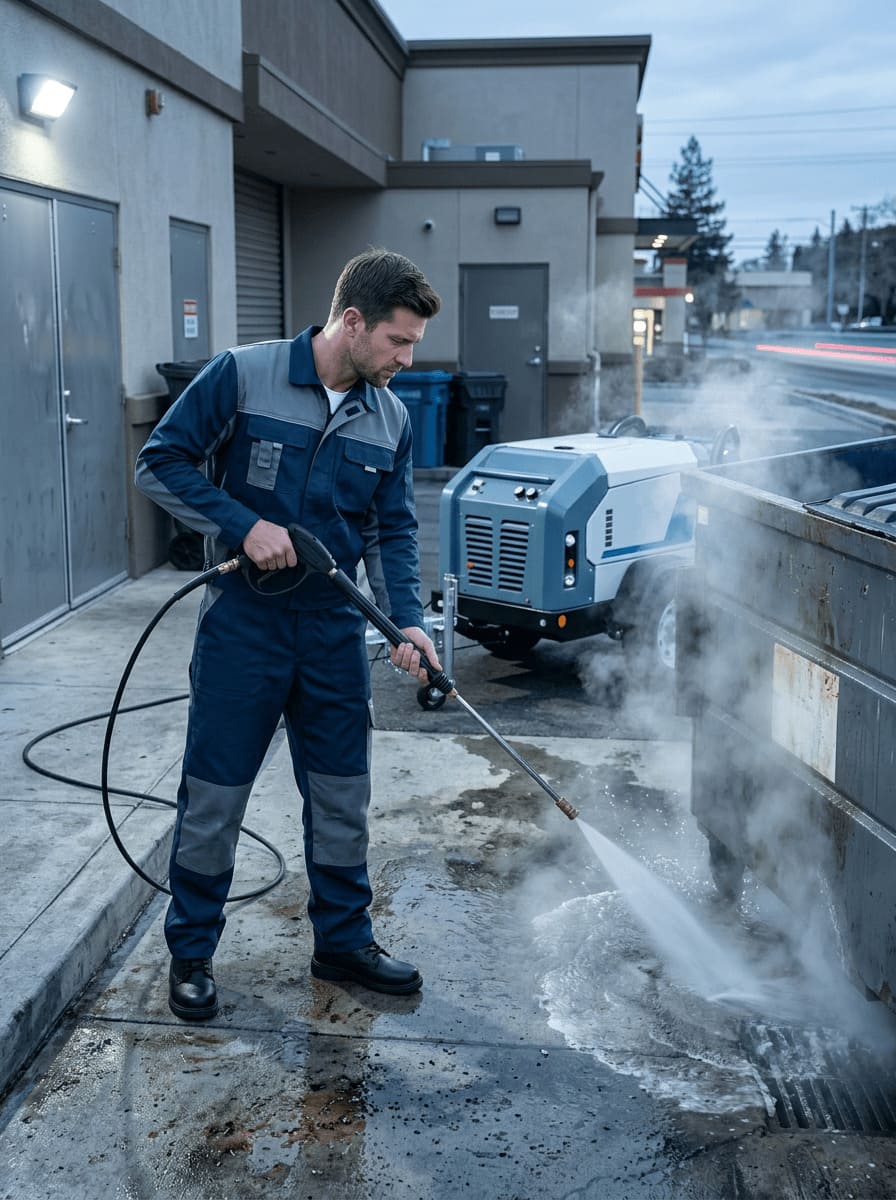 Commercial power washing service cleaning restaurant dumpster area in San Jose CA