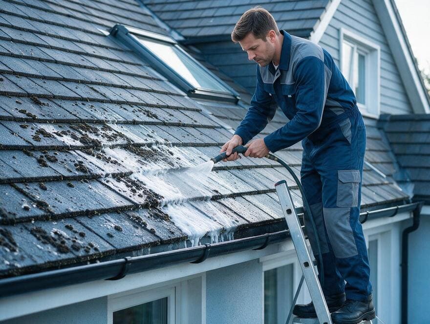 Asphalt shingle roof pressure washing algae removal San Jose