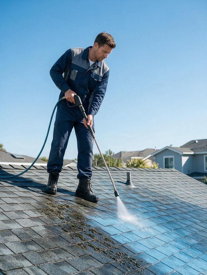 Professional roof pressure cleaning service on asphalt shingles in San Jose CA