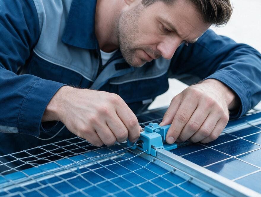 Non invasive solar panel mesh fastener clip
