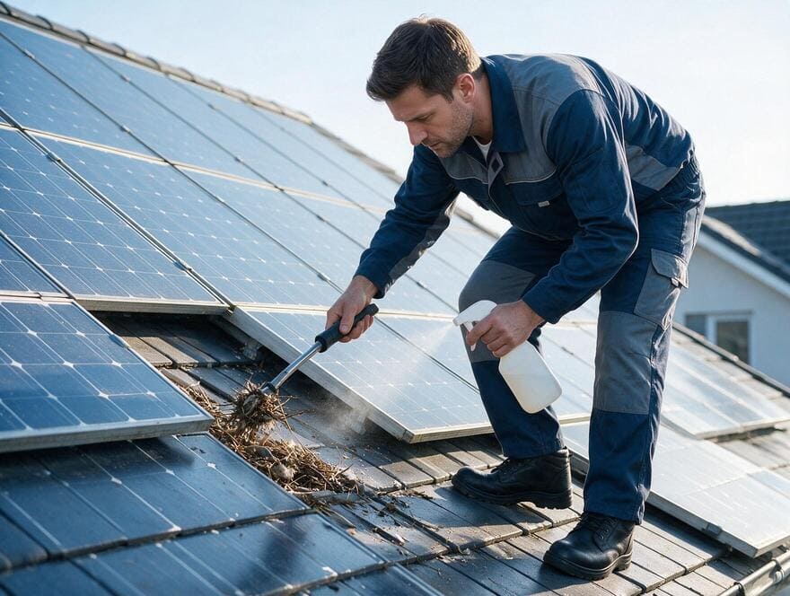 Under solar panel pigeon nest removal and cleanup