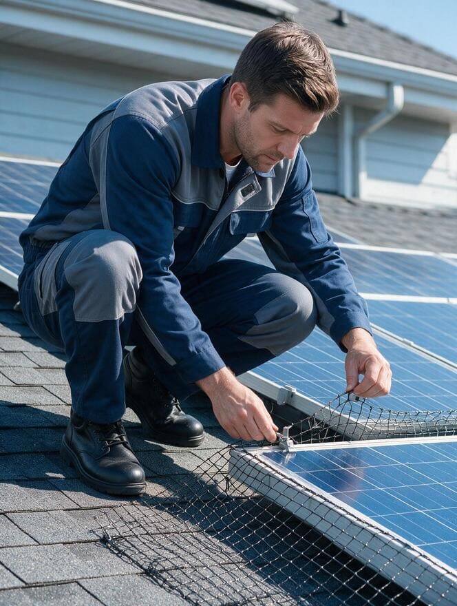 Technician installing protective wire mesh bird guard around solar panels in San Jose CA