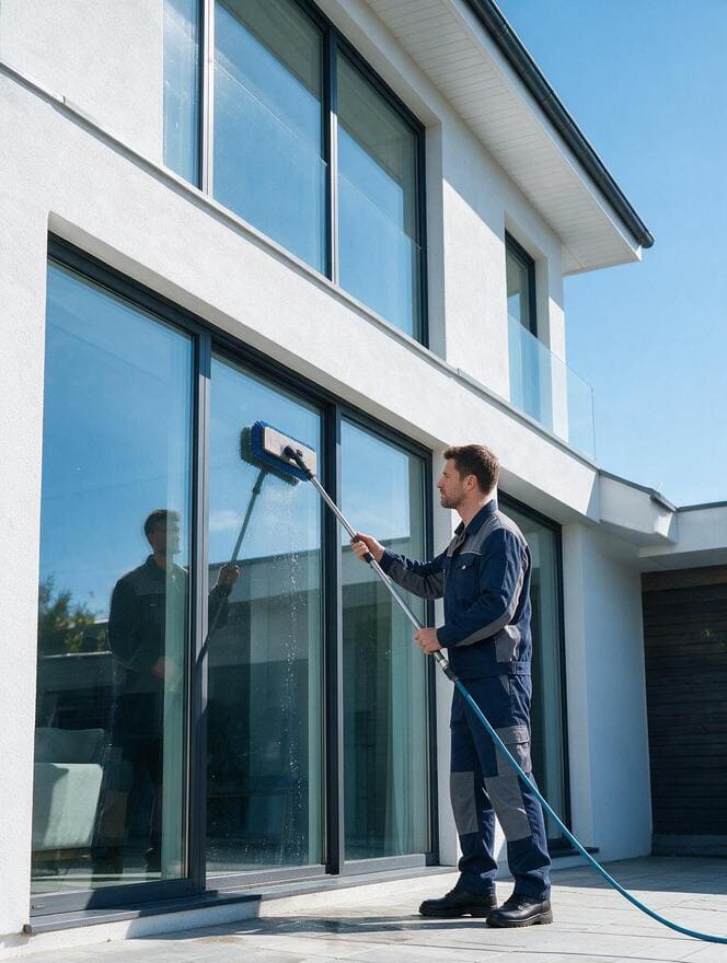 Technician cleaning residential home windows with pure water pole in San Jose CA