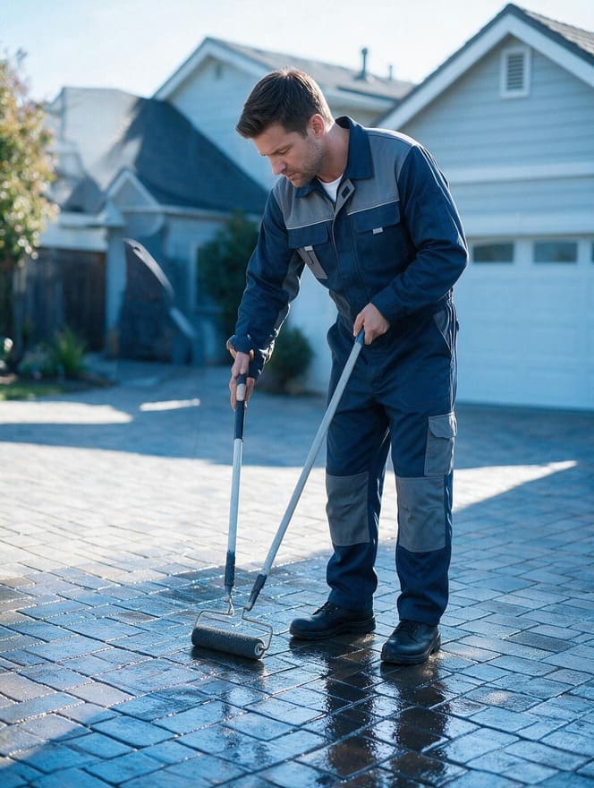 Technician applying protective wet look paver sealer to brick driveway in San Jose CA